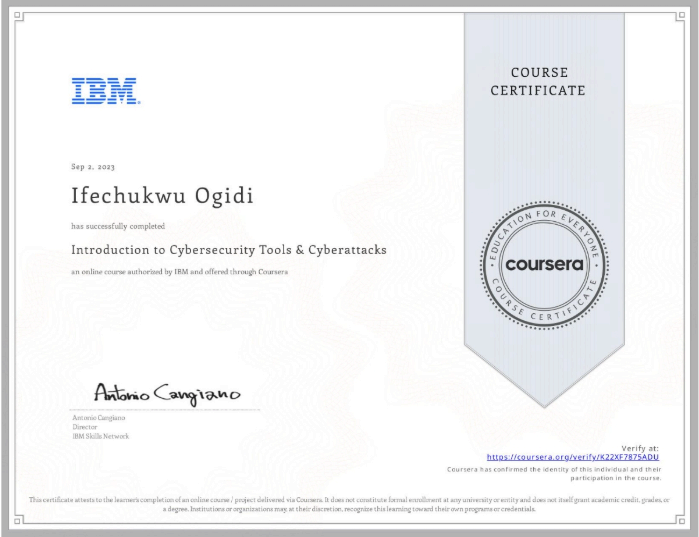 Introduction to Cybersecurity Tools & CyberAttacks certificate